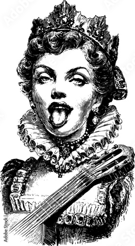 Engraving of a female musician with a guitar. Vintage and decorative vector illustration featuring expressive gestures and detailed clothing.