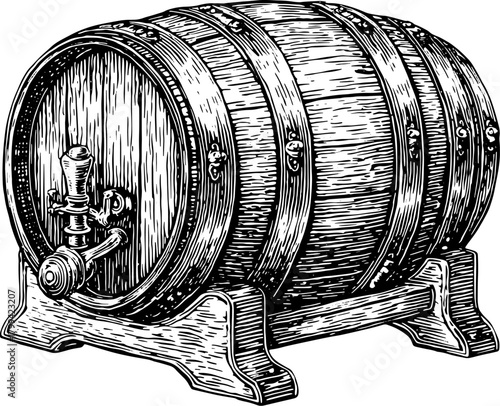Vintage wooden barrel illustration in detailed engraving style. The design features wood texture and craftsmanship, delivered as a vector illustration.