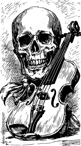 Skull with violin illustration. Vintage line art vector illustration featuring detailed black and white drawing in a classic style.