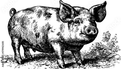Vintage pig vector illustration, detailed line drawing in monochrome. Traditional animal set suitable for various artistic applications.