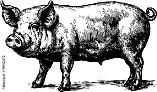 Illustration of a pig in vintage black and white outline style. Detailed engraving creates a classic animal vector representation.