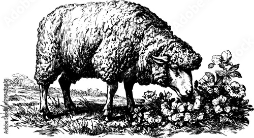 Sheep grazing in a detailed black and white vintage outline vector illustration. The artwork features flowers and grass in a rural outdoor set.