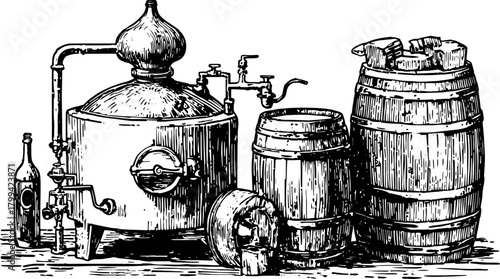 Vintage drawing of distillation equipment, including a still and barrels, showcasing classic craftsmanship. The detailed black and white vector illustration highlights historical techniques.