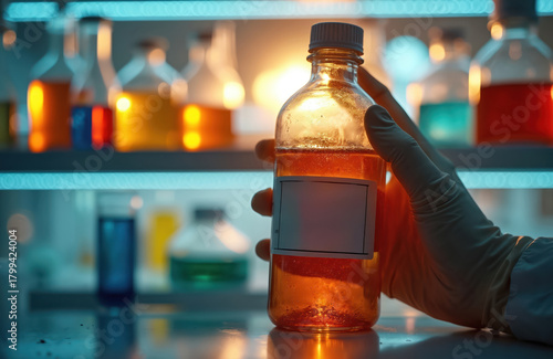 Gloved hand holds unlabeled bottle containing orange chemical liquid. Scientist performs science experiment quality analysis. Various colorful solutions line shelves in bright modern scientific