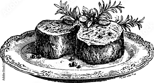 Vintage dish featuring outlined meat on a plate with herbs. This black and white vector illustration is designed for culinary use in set form.