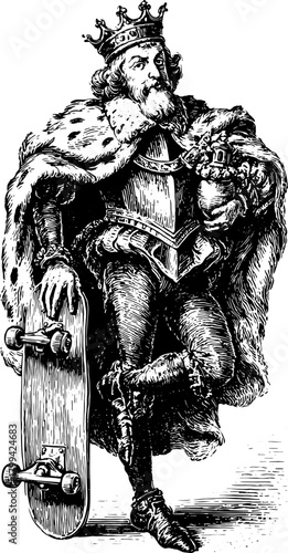 King silhouette on a skateboard in vintage engraving style. Detailed vector illustration showcasing a unique character and pose.