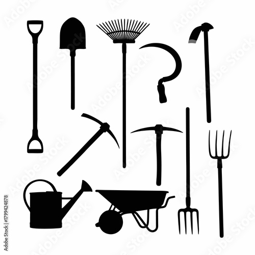 vector silhouette of farming tools