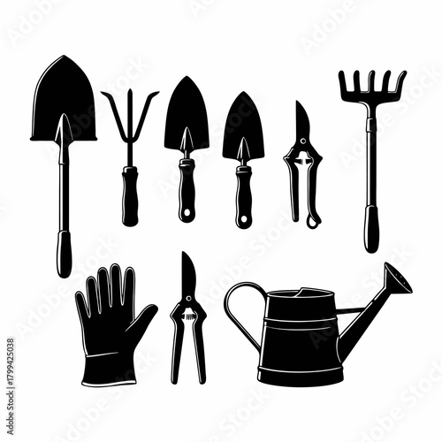 vector silhouette gardening tool set