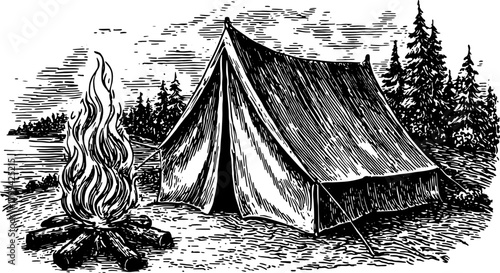 Vintage engraving illustration of a camping scene with a tent and a campfire surrounded by trees. This illustration captures a tranquil outdoor set.