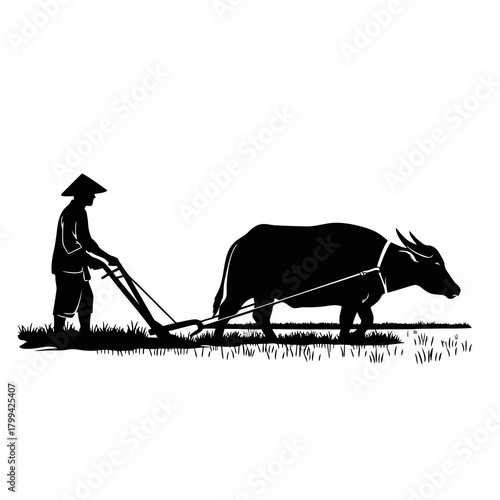 vector silhouette of a farmer plowing a rice field with a buffalo