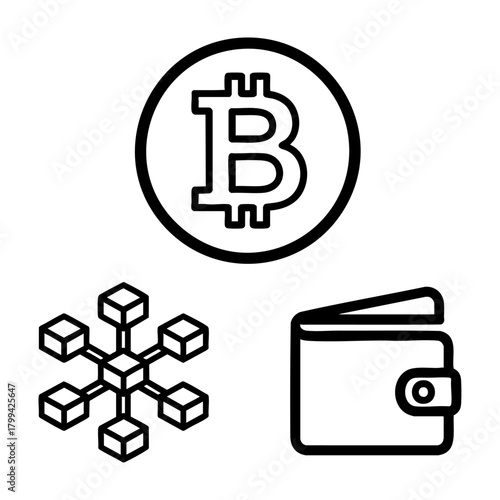 Cryptocurrency Icon Set Bitcoin Blockchain Wallet Outline