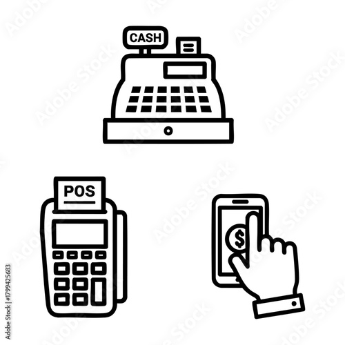 Payment Methods Icon Set Cash Register POS Mobile Payment Line