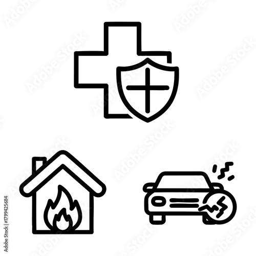 Insurance Types Icon Set Medical Cross House Fire Car Crash