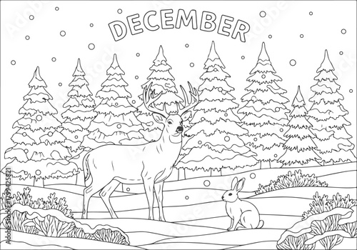 Detailed wildlife coloring book illustration featuring a majestic stag and a small rabbit in a snowy December forest, a printable winter activity page