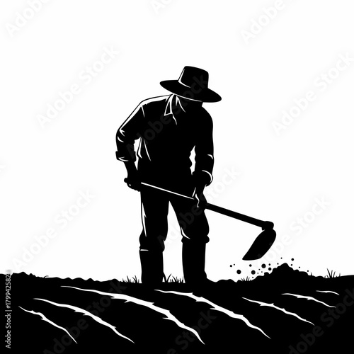 vector silhouette of a farmer hoeing
