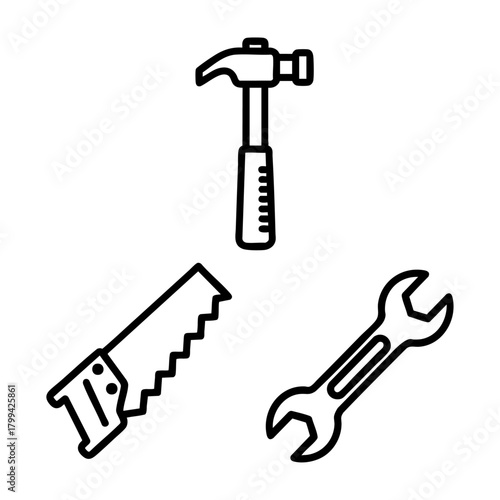 Construction Tools Icon Set Hammer Saw Wrench Outline Vector