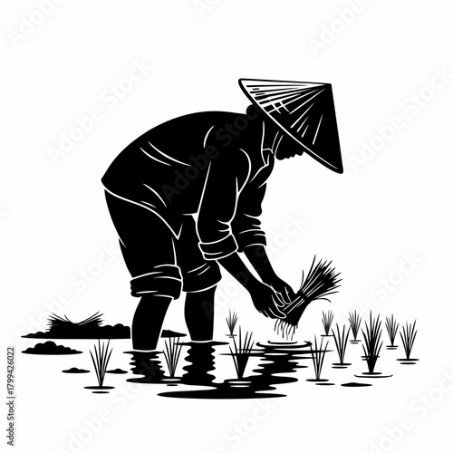 vector silhouette of a farmer planting rice