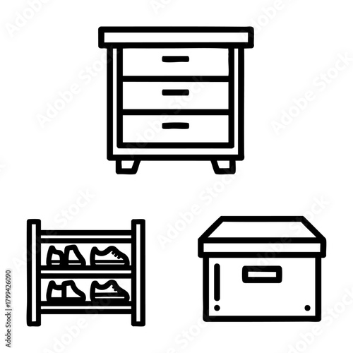Storage Furniture Icon Set Dresser Shoe Rack Box Outline Art