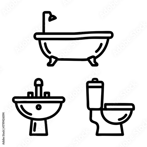 Bathroom Fixtures Icon Set Bathtub Sink Toilet Outline Vector