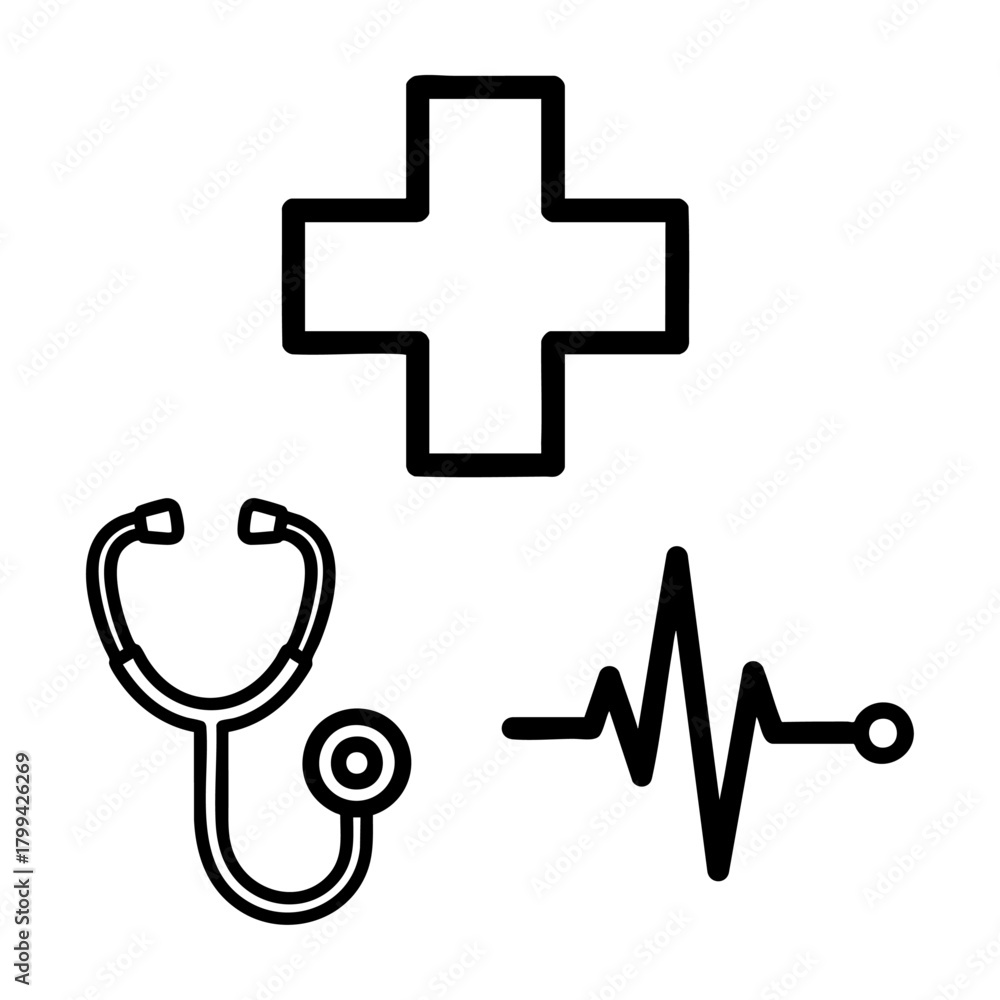 Obraz premium Medical Icon Set Cross Stethoscope Heartbeat Outline Vector