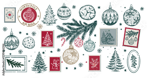 Vintage Christmas Holiday Stamps and Ornaments Collection
