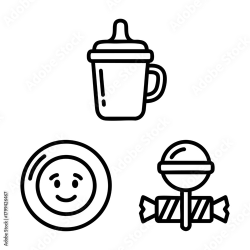 Kids Food Icon Set Sippy Cup Plate Lollipop Outline Art