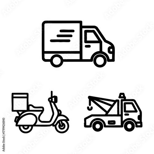 Delivery Service Icon Set Van Scooter Tow Truck Outline
