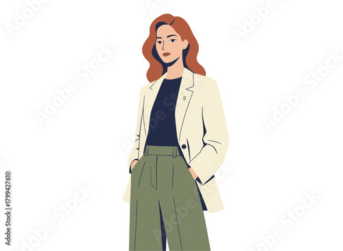 A confident businesswoman in a modern, stylish outfit, a young female office worker in an elegant, trendy style, a CEO employee portrait with a proud gaze, all depicted as a flat vector illustration