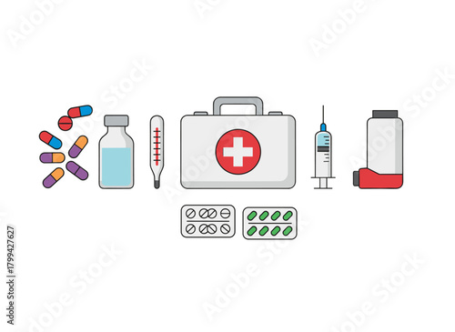 Flat illustration of a collection of diverse pills and drugs, showcasing first-aid kit contents such as medication, drops, tablets, syringes, thermometers, plasters, inhalers, capsules, vials, and