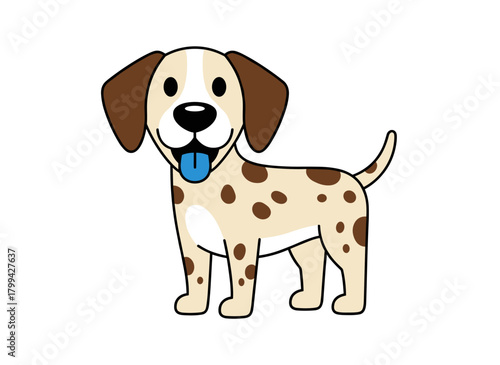 Spotted, energetic dog frolics with a ball, a charming purebred puppy or dog set against a white backdrop, depicted as a lively, cute domestic pet in a vibrant flat cartoon vector illustration