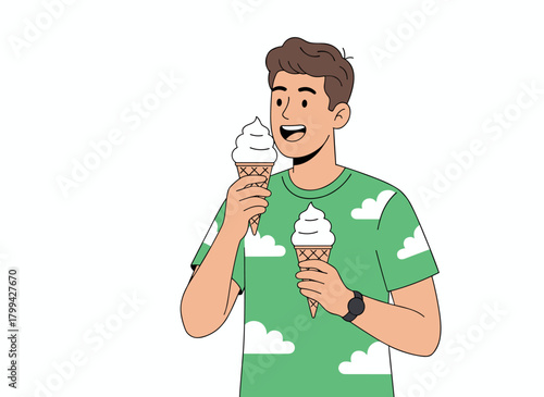 A cheerful man savoring sweet ice cream with a spoon, enjoying ice cream scoops in a waffle cup, a guy relishing a sugary dessert, depicted in a flat vector illustration on a white background