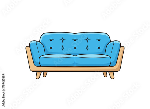 Illustrated in a flat vector style, this cozy blue sofa with armrests and wooden accents serves as a cartoonish piece of furniture suitable for offices, living rooms, or lounges, presented on a white