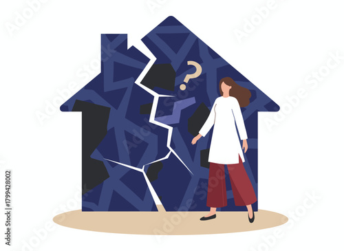 Illustration of a woman stepping into an unknown future, standing on a luminous path while confronting darkness, fear, and a strange, challenging journey, rendered in colored flat vector style