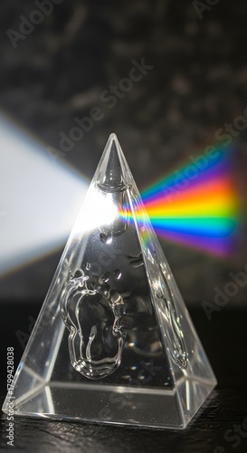 A clear, transparent pyramid-shaped object refracting light into a vibrant rainbow spectrum on a dark surface