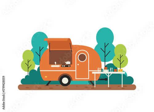 A motorhome with a kitchen for cooking, a camper trailer with a table in nature, an RV auto for a summer trip, all depicted as a flat vector illustration on a white background