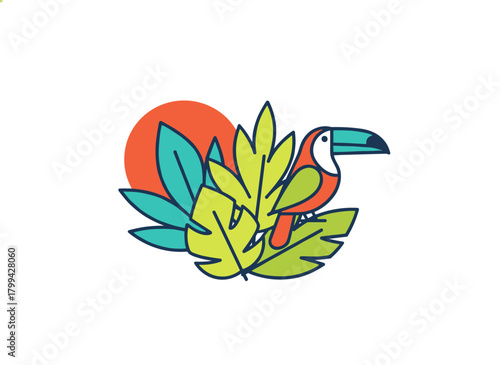 A modern retro tropical summer card featuring a palm leaf, bright funky exotic poster design for a beach vacation, with a sunny background of jungle paradise leaves, presented as a trendy flat vector