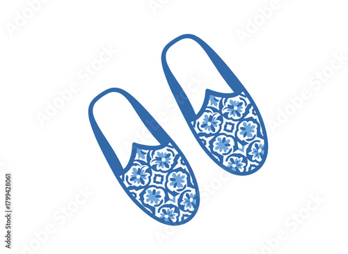 Traditional Moroccan babouche slippers with pointed toes, featuring ethnic Moroccan patterns; a chic Arab-style accessory presented as a flat vector illustration on a white background