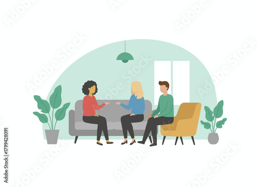 A flat vector illustration shows a studio interview where a couple of female celebrities and a host chat and laugh with the interviewer, set against a white background