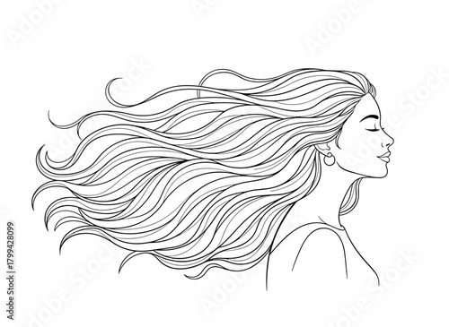A hand‑drawn contour illustration of a beautiful girl with long flowing hair in a fashion portrait