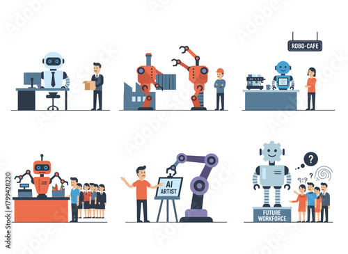 A flat vector illustration set depicting a robot versus a human, featuring a man competing with cyborg cartoon characters, a humanoid versus person, a  challenging employee, and modern AI