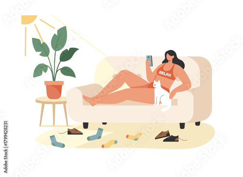 A disinterested young woman sprawled on a sofa in a cluttered apartment, scrolling on her smartphone, embodying laziness and indifference in a flat cartoon vector illustration