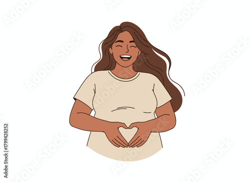 A pregnant woman with a big belly smiles excitedly as she awaits her child, embodying happy maternity and prenatal motherhood in a flat vector illustration