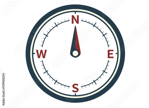 A hand‑drawn magnetic compass with black contour lines on a white background serves as a navigation and orientation tool for locating places, tourism, and adventure travel, illustrated in a doodle
