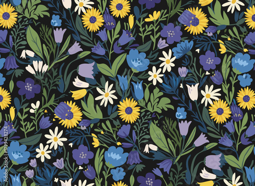 A seamless floral pattern featuring blooming wildflowers and meadow plants against a black background, offering a romantic, colorful vector illustration suitable for fabric prints and wrapping paper