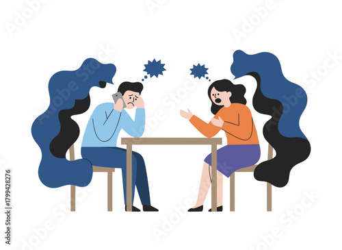 A couple seated at a table, the woman speaking to her partner while the man checks his smartphone, depicting estrangement and emotional distance in a romantic relationship, rendered as a colored
