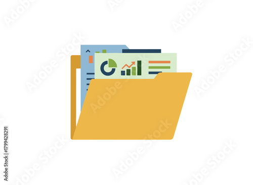Illustration of documents from a computer folder and business archive, including files, work papers, financial reports, accounting data, and finance statistics, presented as a flat vector image on a