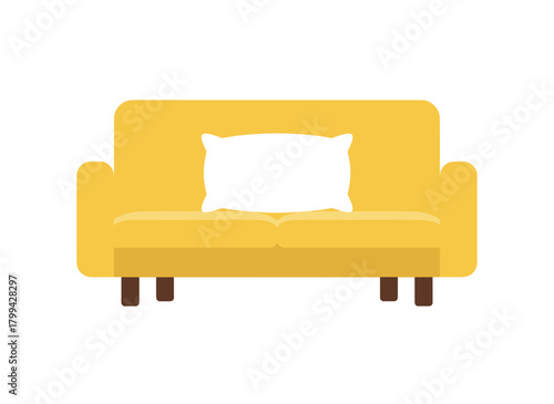 A contemporary yellow sofa, rendered in flat vector style with pillows and design accents, exudes softness and elegance, offering a comfortable seat, and its minimalist design suits both home and