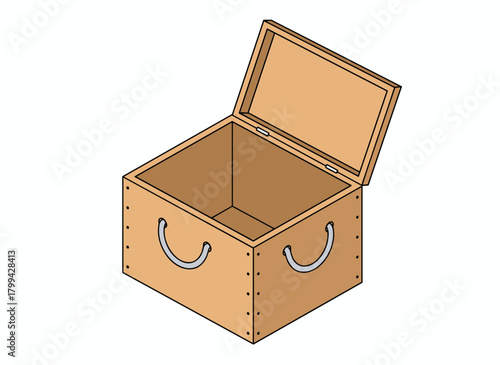 An empty wooden crate with twine handles, made from plywood for farms, gardens, and markets, featuring an open rectangular shape constructed from planks, depicted as a realistic colored flat vector