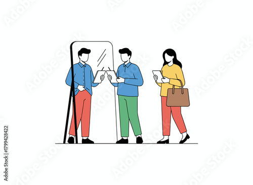 A man in old-fashioned attire gazes at a counterfeit mirror reflection, longing to become a prosperous contemporary entrepreneur, illustrating a warped self-concept in a flat vector style on a white