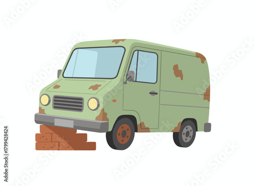 A broken, rusted, abandoned van, an aged junk car, a damaged, rusty, decrepit truck in poor condition, a dirty, crushed, ruined automobile rotting, all depicted as a flat vector illustration on a